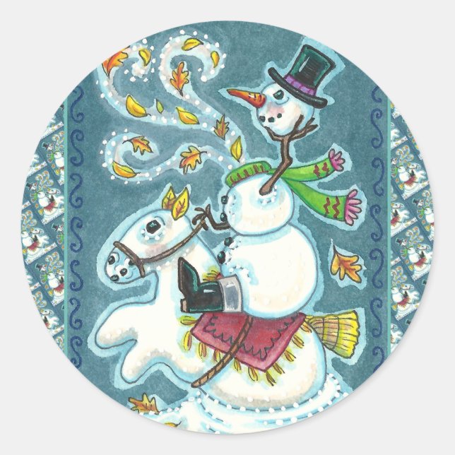 PEGATINA REDONDA SNOWMAN HORSEMANA SIN CABEZA, XMAS HALLOWEB HUMOR, (Anverso)