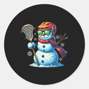 Pegatina Redonda Snowman Jugando Lacrosse Funny Lacrosse Player Chr