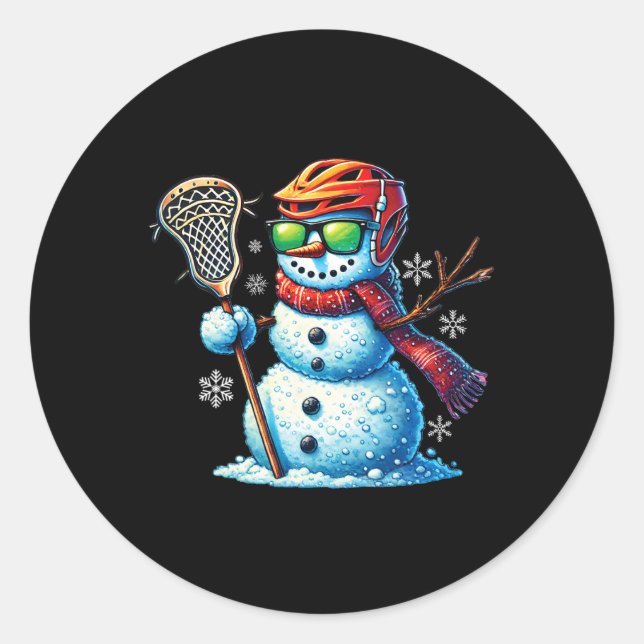 Pegatina Redonda Snowman Jugando Lacrosse Funny Lacrosse Player Chr (Anverso)