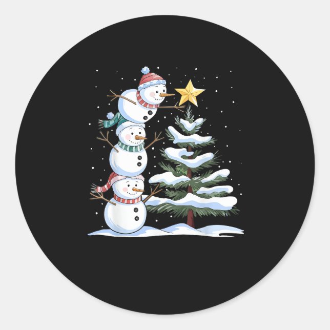 Pegatina Redonda Snowman Merry Christmas Santa Claus Tree Snow Fami (Anverso)