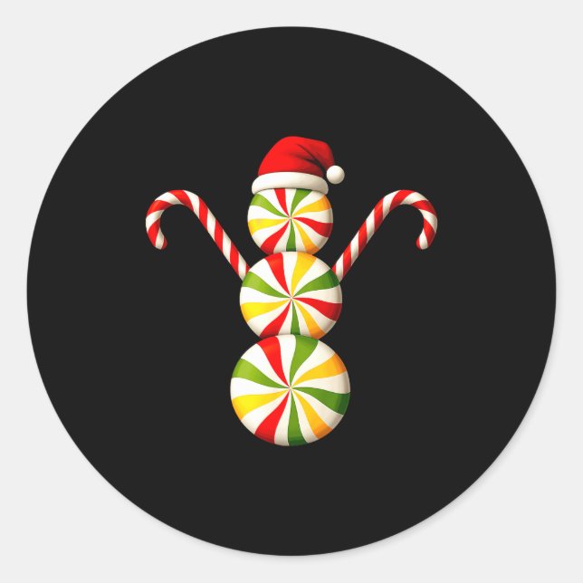 Pegatina Redonda Snowman Peppermint Candies Merry Christmas Pajamas (Anverso)