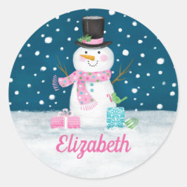 Pegatina Redonda Snowman Pink Cute Personalized Christmas Holiday