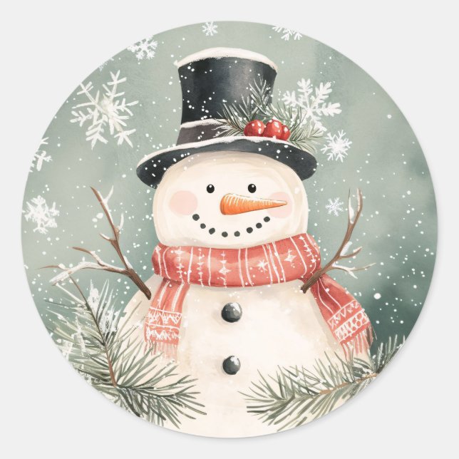 Pegatina Redonda Snowman Snowflakes y el Ilustracion verde (Anverso)