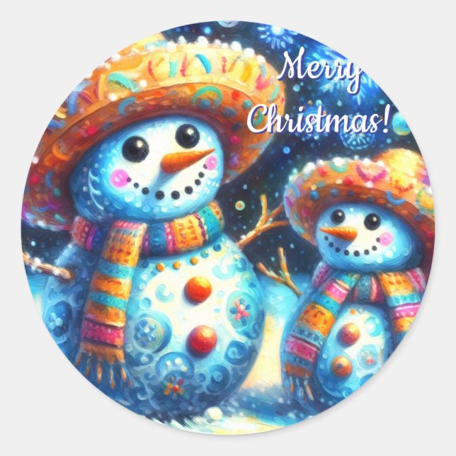 Pegatina Redonda Snowman Snowman de arte folklórico mexicano (Anverso)