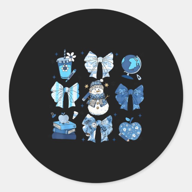 Pegatina Redonda Snowman Teacher Winter Bows Clroom Cute Blue Aesth (Anverso)