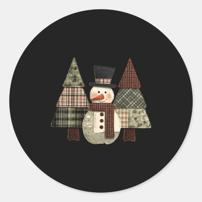 Pegatina Redonda Snowman Trees Patchwork Plaid Trees Rustic Christm (Anverso)
