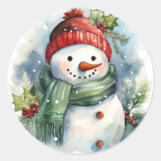 Pegatina Redonda Snowman Watercolor Cute Navidades (Anverso)