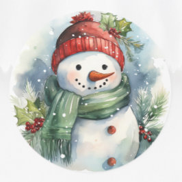 Pegatina Redonda Snowman Watercolor Cute Navidades