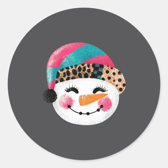 Pegatina Redonda Snowman With Santa Hat And Leopard Pattern  (Anverso)