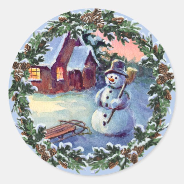 Pegatina Redonda SNOWMAN & WREATH de SHARON SHARPE (Anverso)