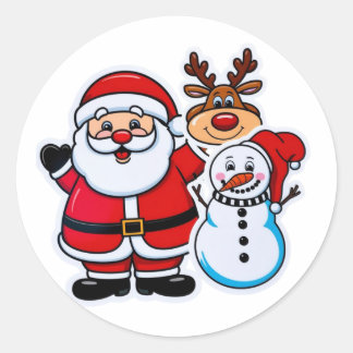 Pegatina Redonda Snowman y reno de Santa Claus