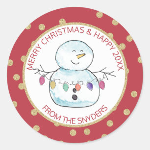 Pegatina Redonda Snowman y String Lights