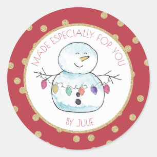 Pegatina Redonda Snowman y String Lights