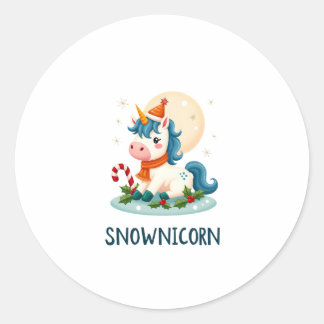 Pegatina Redonda Snownicorn Unicornio Lindo Muñeco de Nieve Navidad