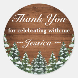Pegatina Redonda Snowowood Forest Country Pine Birthday Gracias