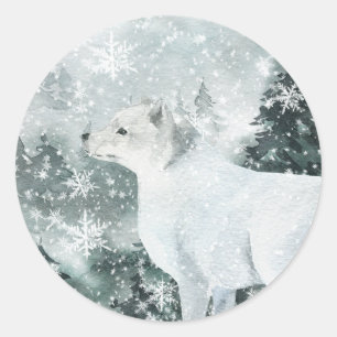 Pegatina Redonda Snowowowland Mountain Forest Arctic Fox
