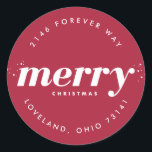 Pegatina Redonda Snowowy Modern Merry Christmas Return Address<br><div class="desc">Coordine perfectamente las etiquetas de dirección con las tarjetas de Navidades de fotos con este pegatina de direcciones de retorno personalizado de Navidades modernos con tema de nieve.</div>