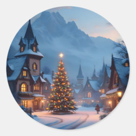 Pegatina Redonda Snowy Eve In The Square - 