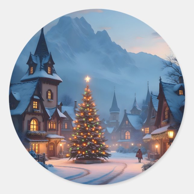 Pegatina Redonda Snowy Eve In The Square -  (Anverso)