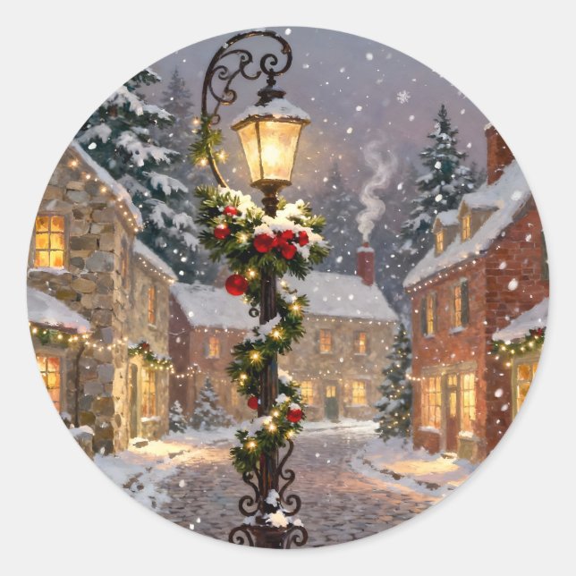 Pegatina Redonda Snowy Village Scene with Lamppost Sticker (Anverso)