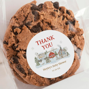 Pegatina Redonda Snowy Village Winter Holiday Gracias