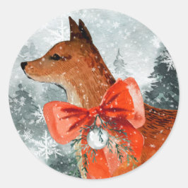 Pegatina Redonda Snowy Woodland Forest Red Fox, retrato navideño