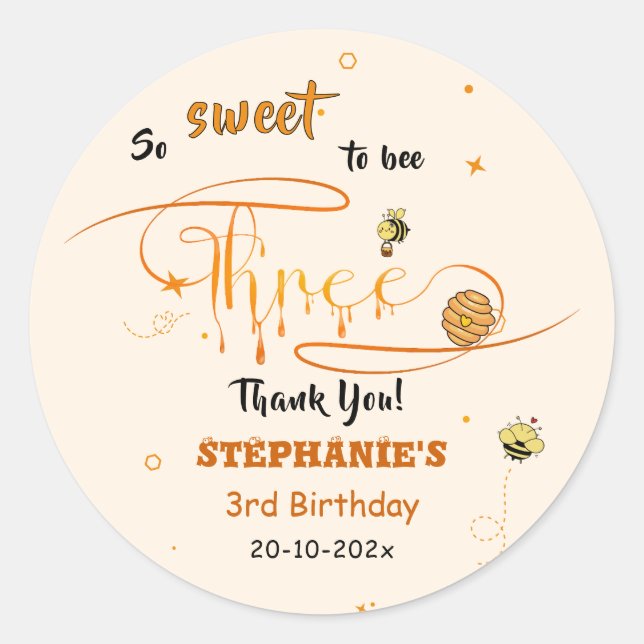 Pegatina Redonda So Sweet To Bee Three Cute Honey Bee 3rd Birthday (Anverso)