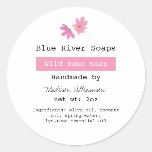 Pegatina Redonda Soap casero Floral rosa con ingredientes