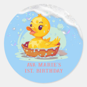 Pegatina Redonda Soapy Yellow Rubber Duck Chica primer Fiesta de cu