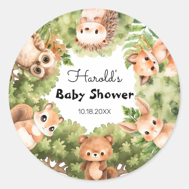 Pegatina Redonda Sobre Baby Shower Personalizado Woodland Boy (Anverso)