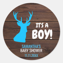 Pegatina Redonda Sobre Baby Shower Rústico Buck Deer Boy