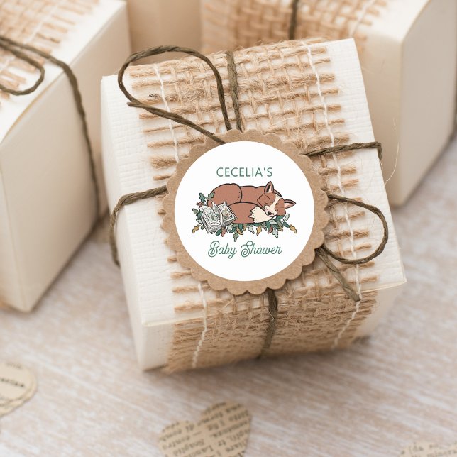 Pegatina Redonda Sobre Baby Shower Woodland Fox (Woodland Storybook Baby Shower Stickers for Favors, Crafting, Envelope Seals, and more!)