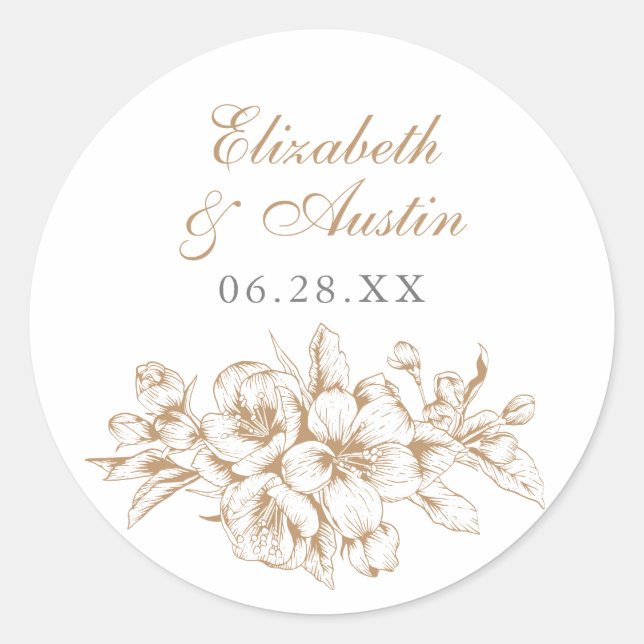 Pegatina Redonda Sobre Boda botánico floreado elegante (Anverso)