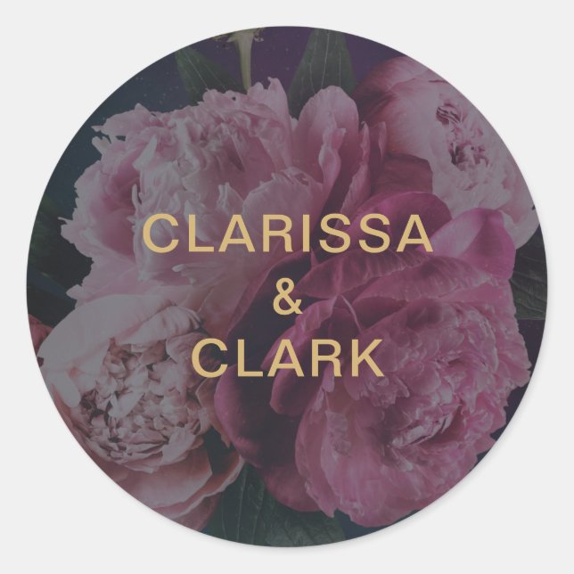 Pegatina Redonda Sobre Boda de nombres de parejas de peones rosados (Anverso)