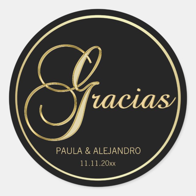 Pegatina Redonda Sobre Boda elegante negro de oro GRACIAS (Anverso)