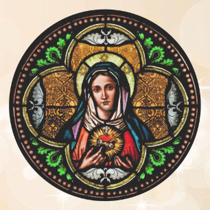 Pegatina Redonda Sobre cardíaco Virgen de Vidrio Manchado