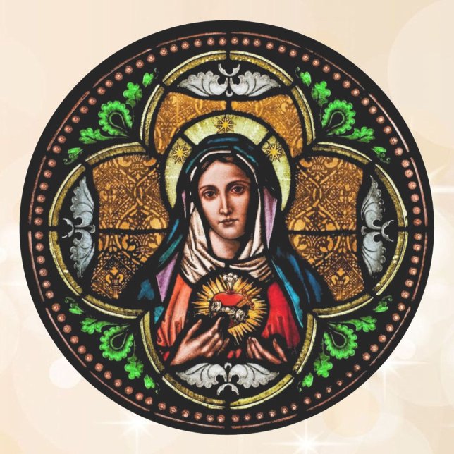 Pegatina Redonda Sobre cardíaco Virgen de Vidrio Manchado (Subido por el creador)