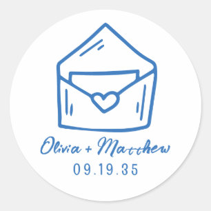 Pegatina Redonda Sobre Corazón Azul Azul Estilo Francés Fecha Boda