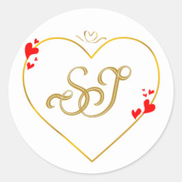 Pegatina Redonda Sobre de boda con monograma dorado y corazones roj