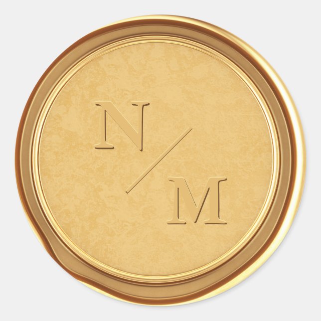 Pegatina Redonda Sobre de Boda de lino dorado monograma (Anverso)