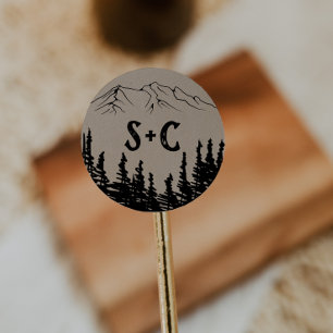 Pegatina Redonda Sobre de Boda de monograma rústico de madera