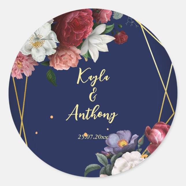 Pegatina Redonda Sobre de boda de rosas burdeos azul marino (Anverso)
