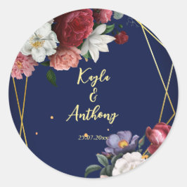 Pegatina Redonda Sobre de boda de rosas burdeos azul marino