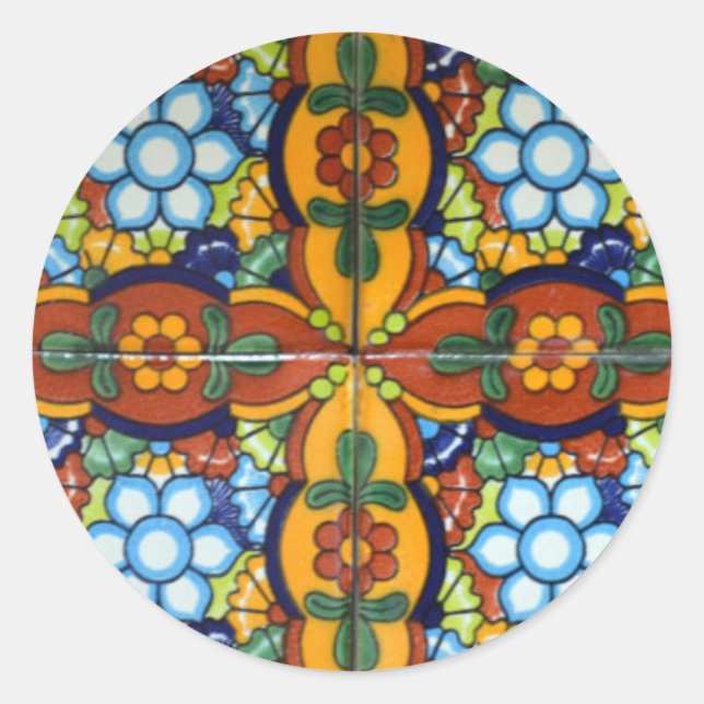 Pegatina Redonda Sobre de mosaico Talavera mexicano 20 precintos (Anverso)