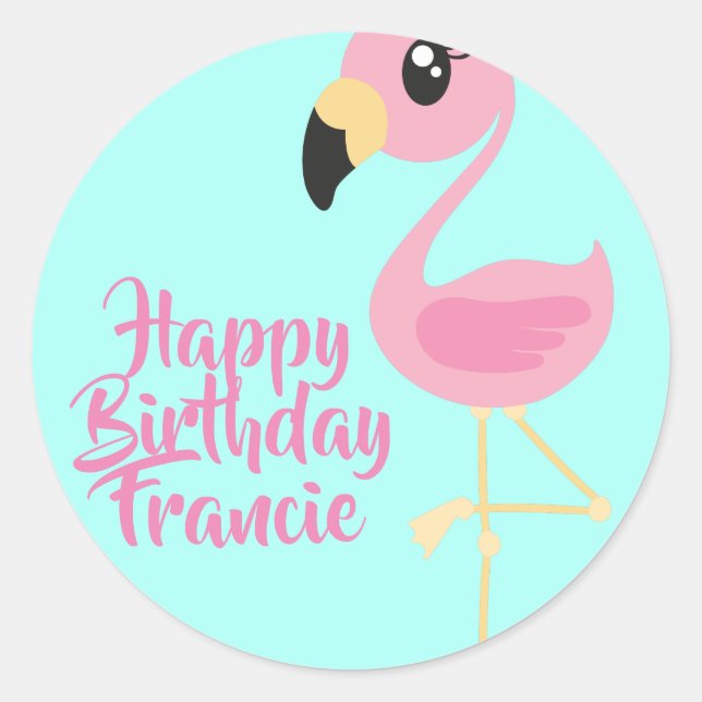 Pegatina Redonda Sobre de primer cumpleaños tropical Flamingo rosa (Anverso)