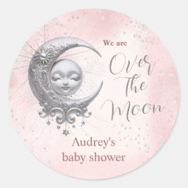 Pegatina Redonda Sobre el Baby Shower del Chica Rosa De La Luna