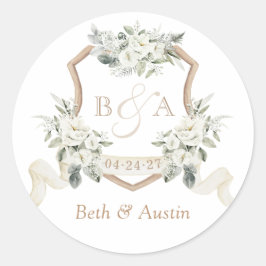 Pegatina Redonda Sobre Escudo Floral Blanco Elegante Verdor