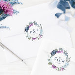 Pegatina Redonda Sobre/Favor del Boda Floral Púrpura y Azul<br><div class="desc">Elegante sello para sobres boda monogramado o favorece al pegatina con magníficas acuarelas florales en una hermosa mezcla de tonos morados y azules. Centrar en blanco con iniciales y segunda línea de texto en azul. Dos opciones de tamaño y varias opciones de forma entre las que elegir. La línea de...</div>