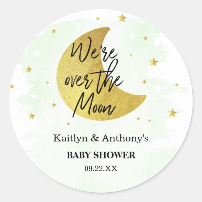 Pegatina Redonda Sobre la luna | Baby Shower neutral (Anverso)