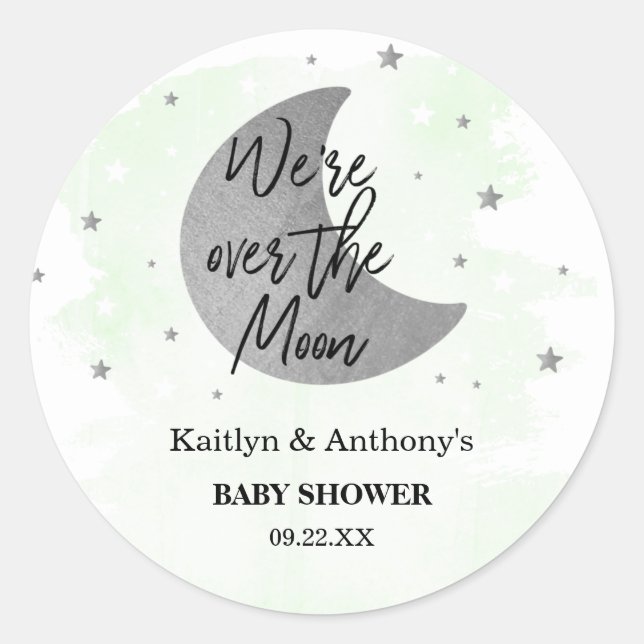 Pegatina Redonda Sobre la luna | Baby Shower neutral (Anverso)
